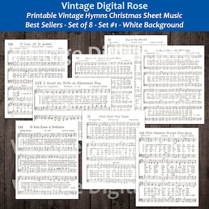Printable Vintage Christmas Hymn Carol Sheet Music Best Sellers Top Christmas Songs Set of 8 - Set #1 White Backgrounds