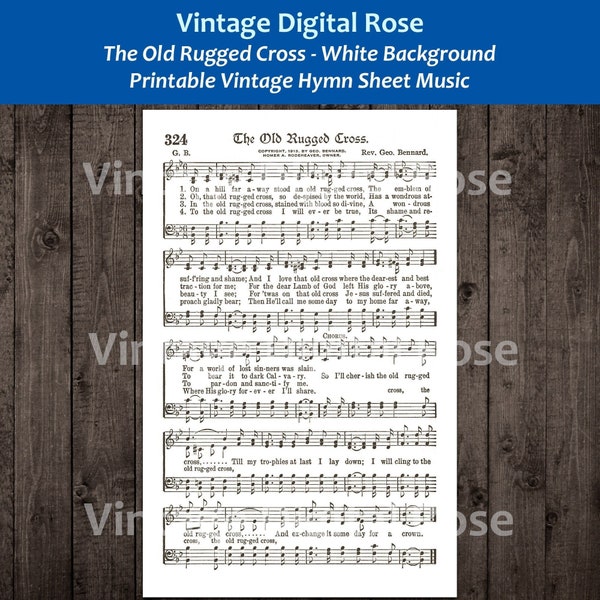 The Old Rugged Cross White Background Printable Vintage Hymn Sheet Music