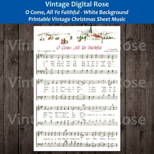 O Come, All Ye Faithful Printable Vintage Popular Christmas Carol Sheet Music Color Illustration White Background