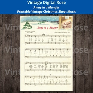 Away in a Manger Printable Vintage Popular Christmas Carol Sheet Music Color Illustration