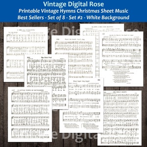 Printable Vintage Christmas Hymn Carol Sheet Music Best Sellers Top Christmas Songs Set of 8 - Set #2 White Backgrounds
