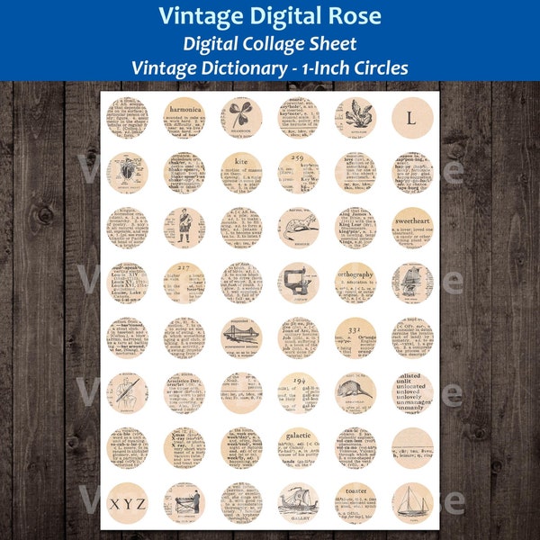 Vintage Dictionary - Digital Collage Sheet - 1 Inch Circles