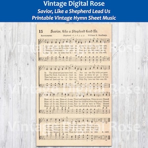 May include: A vintage sheet music page with the title "Savior, Like a Shepherd Lead Us". The music is for a hymn and includes lyrics and musical notation. The page is printed on aged paper with a cream background.