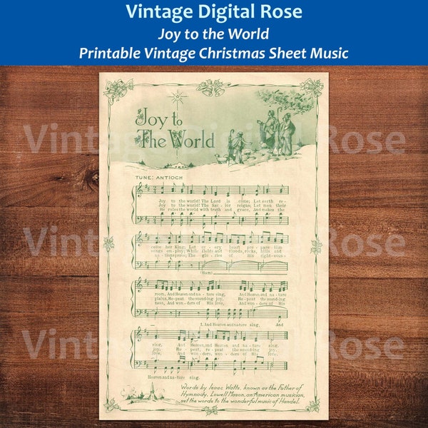 Joy to the World Printable Vintage Christmas Hymn Carol Sheet Music Green Illustration