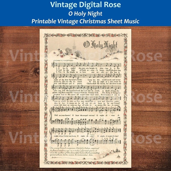 O Holy Night Printable Vintage Christmas Hymn Carol Sheet Music Color Illustration