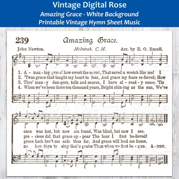 Amazing Grace White Background Printable Vintage Hymn Sheet Music