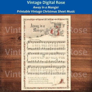 Away in a Manger Printable Vintage Christmas Hymn Carol Sheet Music Color Illustration