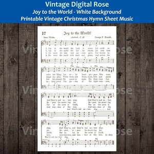 May include: A vintage sheet music print of the Christmas carol "Joy to the World" by Isaac Watts. The sheet music is printed on white paper with black ink and includes the lyrics and musical notation. The title of the carol is printed in large, bold letters at the top of the page. The sheet music is framed by a decorative border.