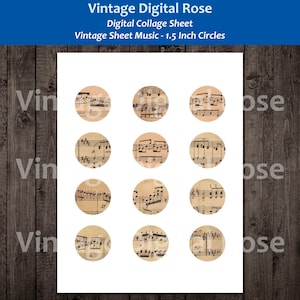 Vintage Sheet Music - Digital Collage Sheet - 1.5 Inch Circles