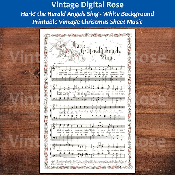 Hark the Herald Angels Sing Printable Vintage Christmas Hymn Carol Sheet Music Color Illustration White Background