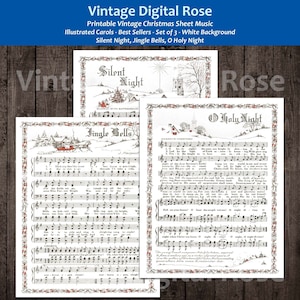 Printable Vintage Christmas Carols Color Illustrations Christmas Songs Set of 3 - Silent Night, Jingle Bells, O Holy Night White Background
