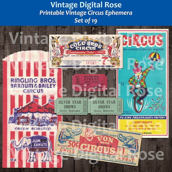 Vintage Circus Ephemera Artifacts Items Ringling Brothers Bros Set of 19 Scrapbook Junk Journal PNG and JPG Formats