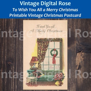 Vintage Imprimible Digital Postal de Navidad Feliz Navidad Saludo Clásico Color Ilustración navideña Acogedora Sala de estar de Navidad