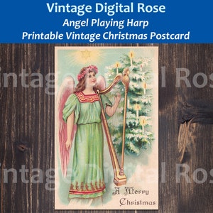 Vintage Druckbare digitale Weihnachtspostkarte Engel Spielende Harfe Weihnachtsbaum Frohe Weihnachten Farbe Urlaub Illustration