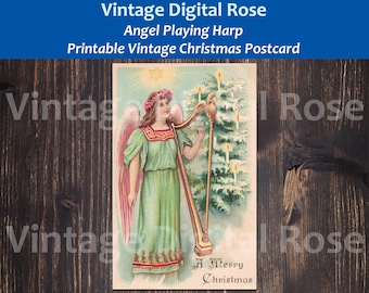 Vintage Printable Digital Christmas Postcard Angel Playing Harp Christmas Tree Merry Christmas Color Holiday Illustration