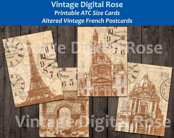 Altered Vintage Paris France French Postcards Printable Digital ATC Size Journal Scrapbook Cards