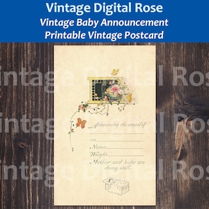 Vintage Druckbare personalisierte Baby Geburtsanzeige Digitale Postkarte Farbillustration JPG Format