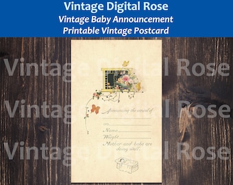 May include: Vintage baby announcement postcard with a floral design and a sleeping baby in a crib. The postcard has space to fill in the baby's name, weight, and date of birth.