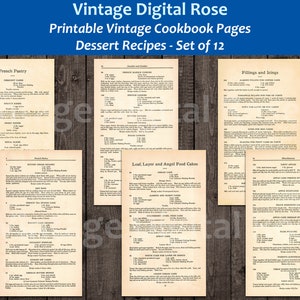 Op de afbeelding: Twaalf vintage-printbare pagina's met dessertrecepten, waaronder Frans gebak, vullingen en glazuren, en brood-, laag- en engelvoedingscake. De pagina's zijn gedrukt op crèmekleurig papier met zwarte tekst.