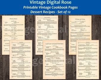 12 vintage Dessert Recipe Cookbook Pages années 1920 Ephemera Journaling Collage Supply
