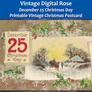 Postal de Navidad Digital Imprimible Vintage 25 de diciembre Una escena navideña alegre Color Ilustración de imagen navideña