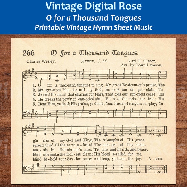 O for a Thousand Tongues (to Sing) Printable Vintage Hymn Sheet Music