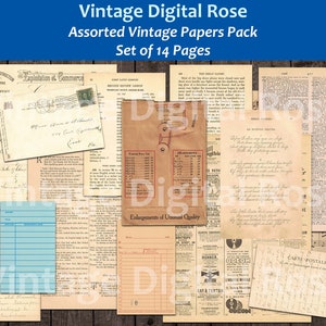 Op de afbeelding: Een digitaal papierpakket met 14 vintage-stijl pagina's. De pagina's bevatten een verscheidenheid aan ontwerpen, waaronder tekst, handschrift en illustraties. De pagina's zijn perfect voor scrapbooking, kaartmaken en andere papierambachten.