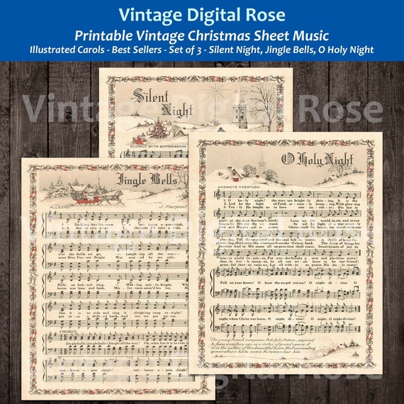 Printable Vintage Christmas Carols Color Illustrations Best Sellers Top Christmas Songs Set of 3 - Silent Night, Jingle Bells, O Holy Night