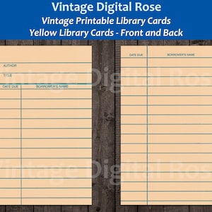 Vintage afdrukbare gele bibliotheekkaart voor- en achterkant digitale collage blad JPG-formaat