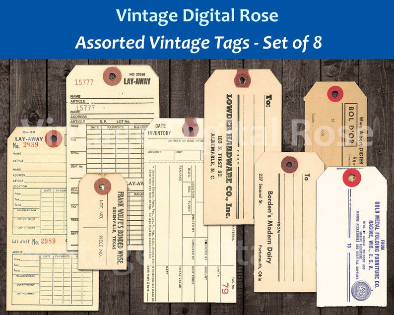 May include: Set of eight vintage style tags with various text and designs. The tags are cream colored with brown and red accents. The text on the tags includes "Lay-Away", "Frank Wolfe's Bonded Whse.", "Lowder Hardware Co., Inc.", "Borden's Modern Dairy", and "Gold Medal Folding Furniture Co.".