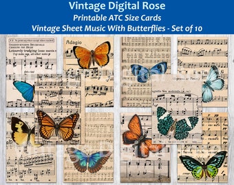 Vintage Sheet Music with Colorful Butterflies ATC Size Journal Scrapbook Cards Set of 10 Cards
