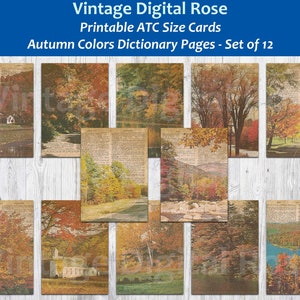May include: A set of 12 printable digital cards featuring autumnal scenes. The cards are designed in the ATC size and feature a variety of colors, including red, orange, yellow, and brown. The cards are perfect for scrapbooking, card making, and other craft projects.
