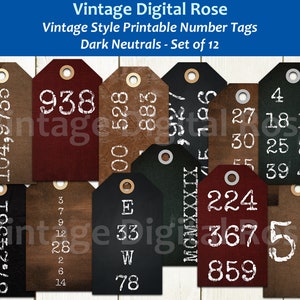 Journal Tags - Vintage Style Printable Shabby Aged Number Tags Dark Neutral Colors Digital Tags Set of 12 Tags PNG JPG Formats