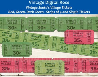 Printable Vintage Santa's Village Tickets - Red Green Dark Green - PNG JPG Format Christmas Holiday Ephemera