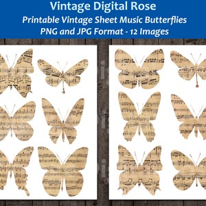 Vintage Sheet Music Butterflies Set of 12 Whimsical Antique Butterflies Scrapbook Junk Journal PNG and JPG Formats