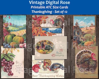 Vintage Thanksgiving Illustrations Printable Digital ATC Size Journal Scrapbook Cards Set of 12 Cards