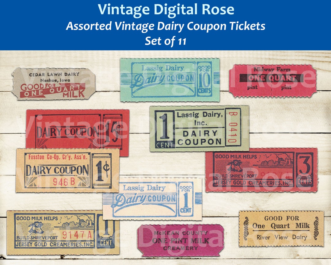 Vintage Printable Dairy Coupon Tickets Assorted Colors Digital Collage