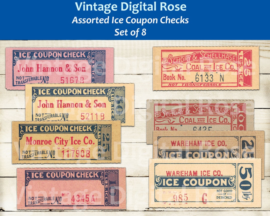 Vintage Printable Ice Coupon Checks Assorted Colors Digital Collage