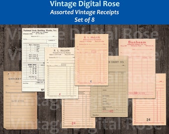 Vintage Printable Receipts Assorted Blank Unused Receipts Set of 8 Eight Grocery Dairy Soda Bottling Works JPG PNG Format Vintage Ephemera