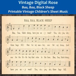 Baa Baa Black Sheep Printable Vintage Children&#39;s Song Sheet Music