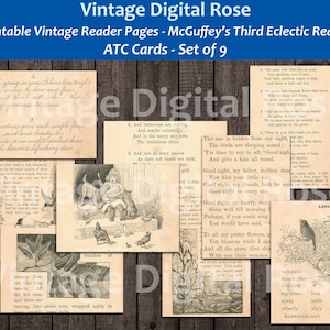 Vintage McGuffey&#39;s Third Eclectic Reader Graded Primer Textbook ATC Size Journal Scrapbook Cards Set of 9 Cards