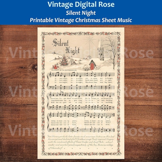 Silent Night Printable Vintage Christmas Hymn Carol Sheet Music Color Illustration