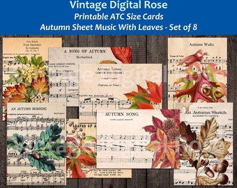Vintage Autumn Sheet Music with Fall Leaves ATC Size Journal Scrapbook Cards Set of 8 Cards