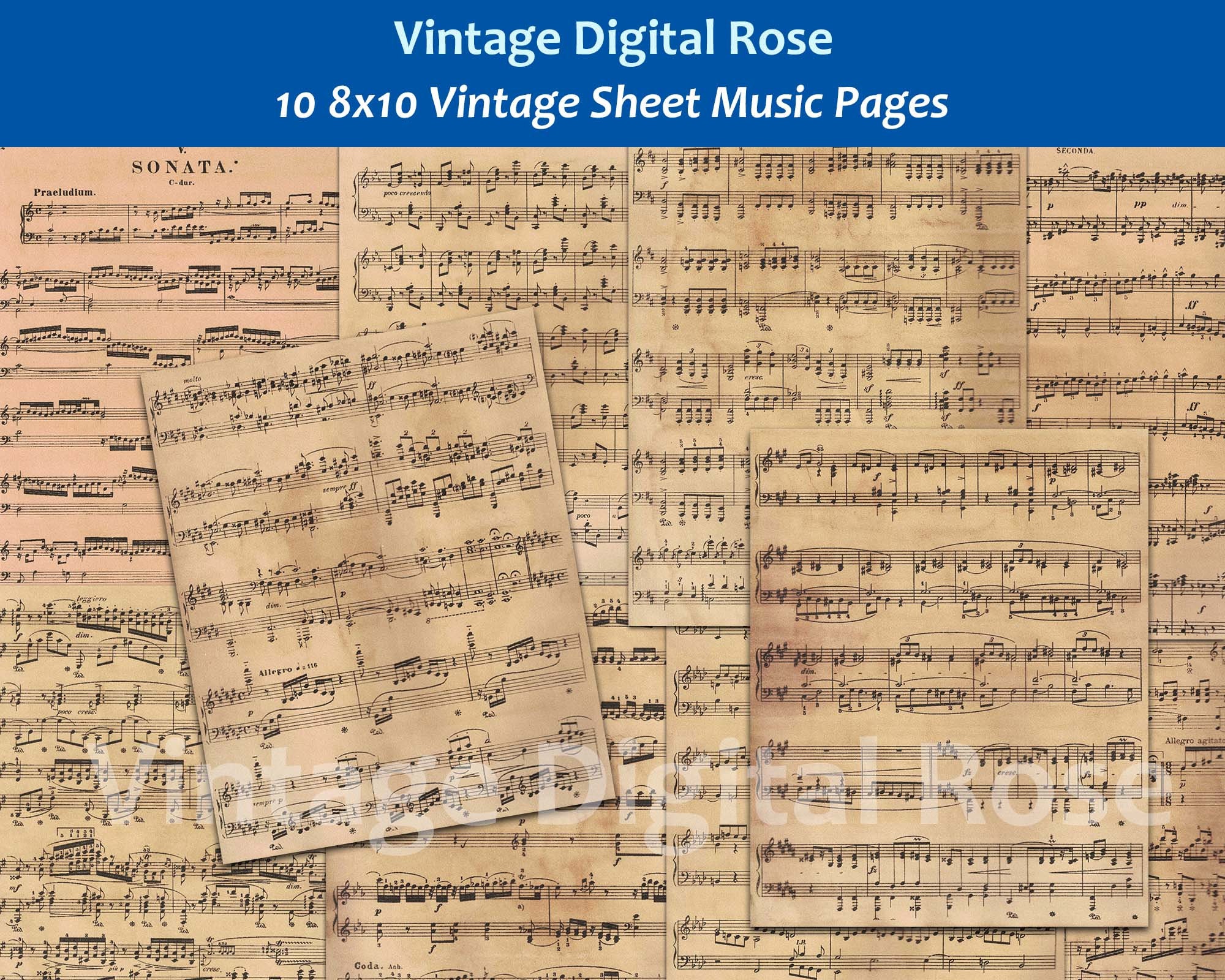 Vintage Sheet Music Pages - 10 8x10 Printable Sheet Music