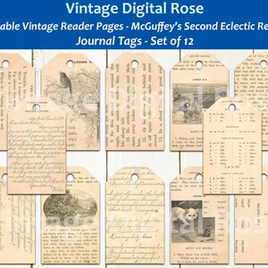 Journal Tags - Vintage McGuffey&#39;s Second Eclectic Reader Graded Primer Textbook Printable Digital Tags Set of 12 Tags