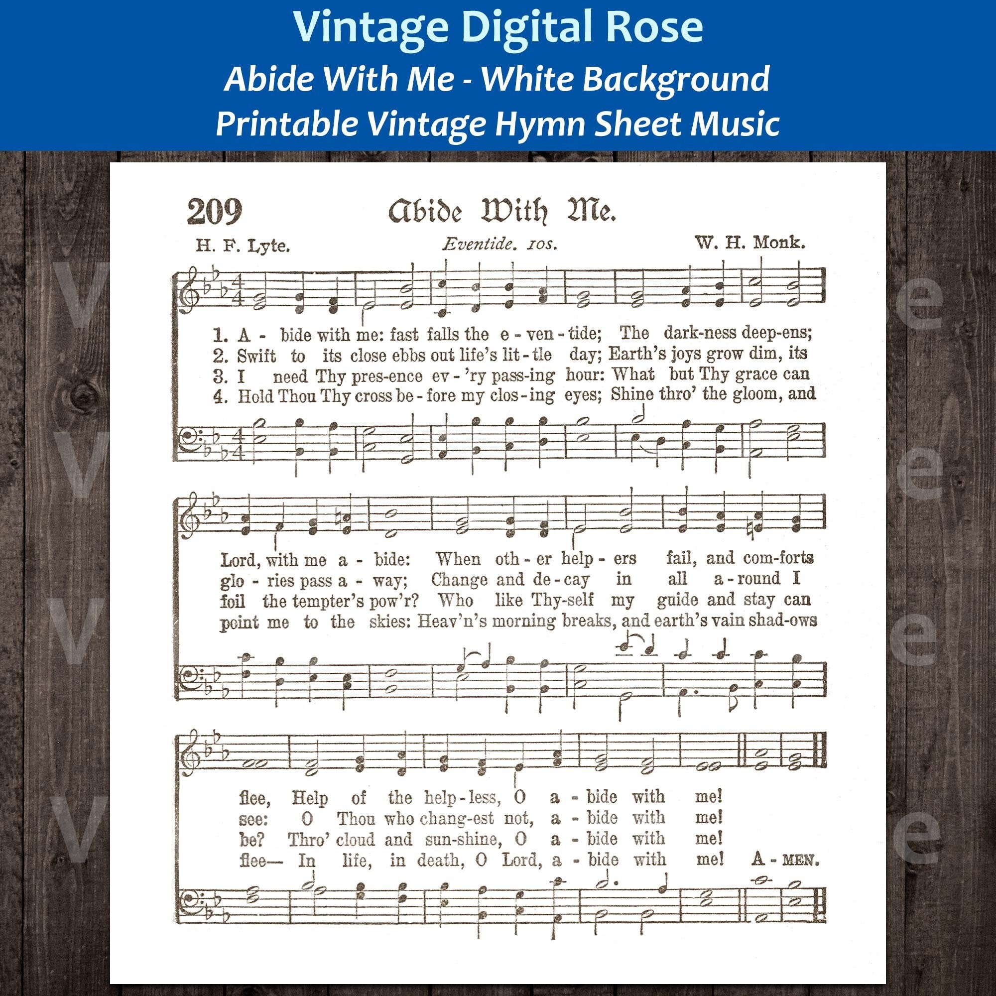 Abide With Me White Background Printable Vintage Hymn Sheet Music