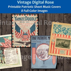 8 Full-Color Printable Vintage Patriotic 4th of July Sheet Music Covers