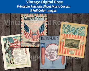 May include: Four printable sheet music covers featuring patriotic themes. The covers are decorated with American flags, eagles, and soldiers. The titles include "Yankee Doodle", "Patriotic Songs", "That Patriotic March", and "For Old Glory".