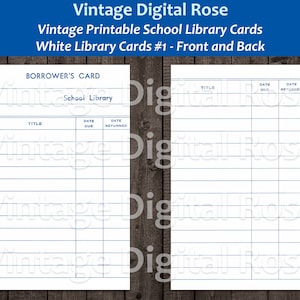 Vintage Imprimible White School Library Card # 1 Front and Back Digital Collage Sheet Formato JPG