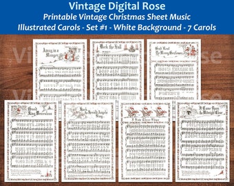 Villancicos navideños vintage imprimibles ilustrados Los más vendidos Las mejores canciones navideñas Set de 7 - Set #1 Fondo blanco